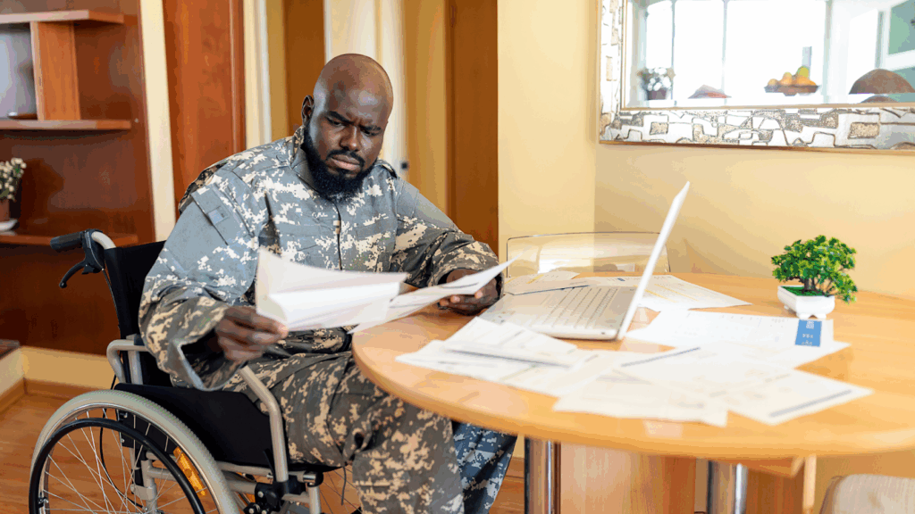 Disabled veteran reviewing his tax documents