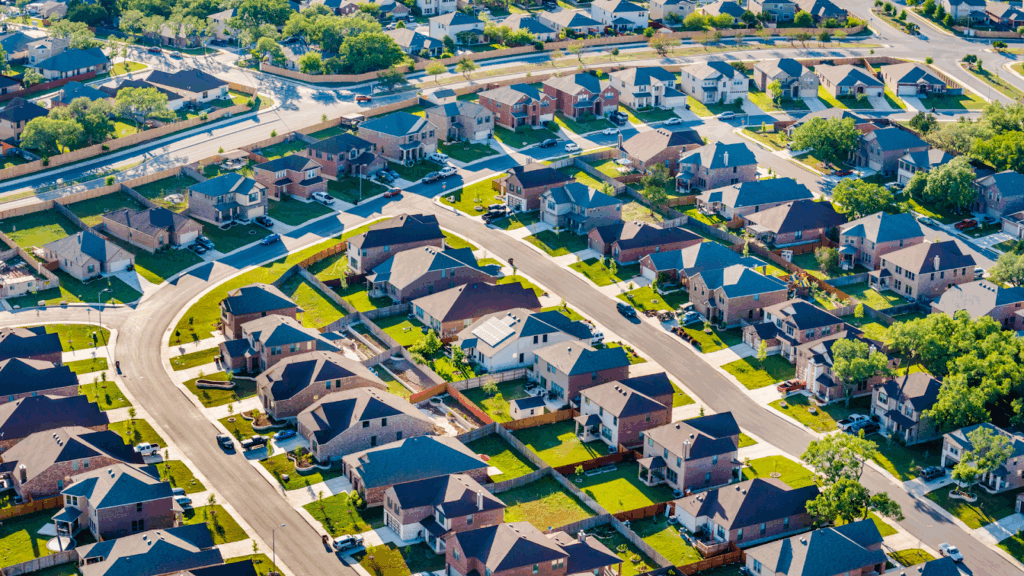 Aerial view of Texas housing development neighborhood suburbs