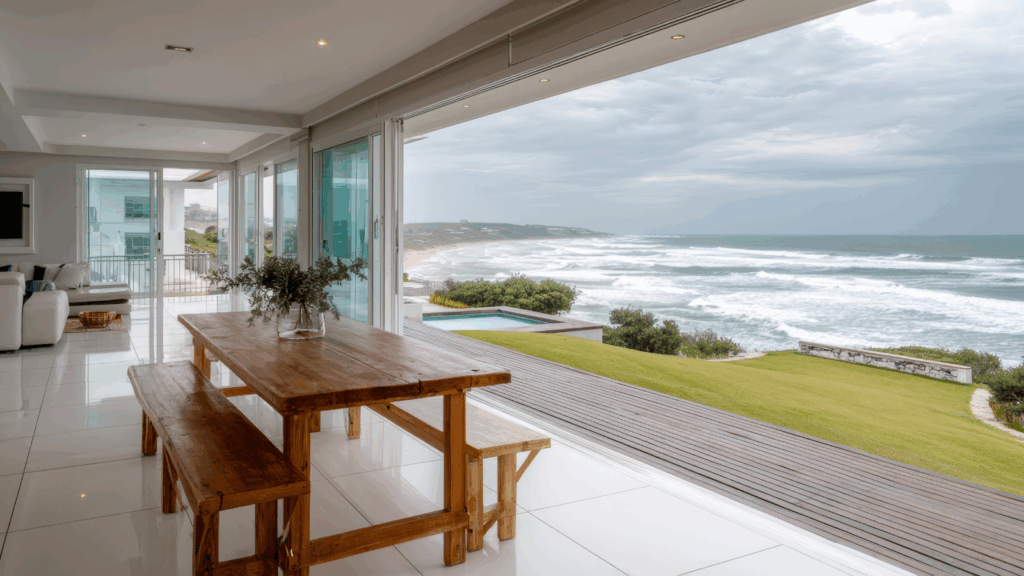 Home with coastal dining space and view of ocean