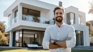 Property assessor standing confidently outside a modern Texas home