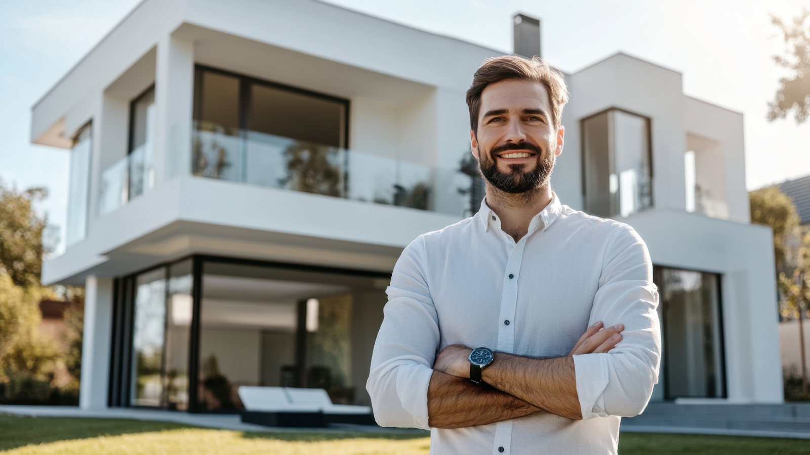 Property assessor standing confidently outside a modern Texas home
