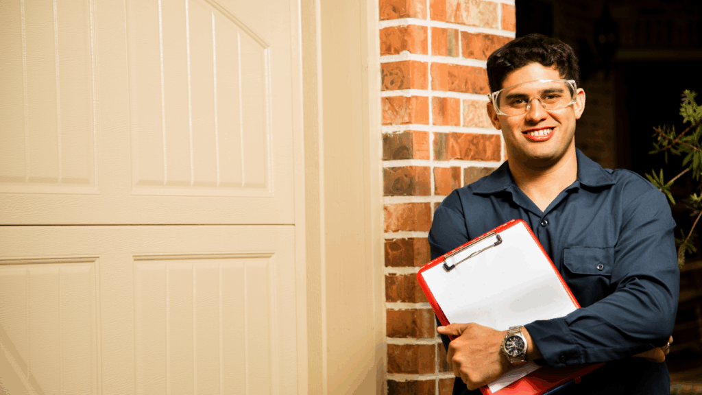 Property assessor standing outside home during inspection