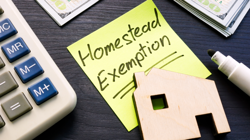 Homestead exemption written on the sticker and model of home