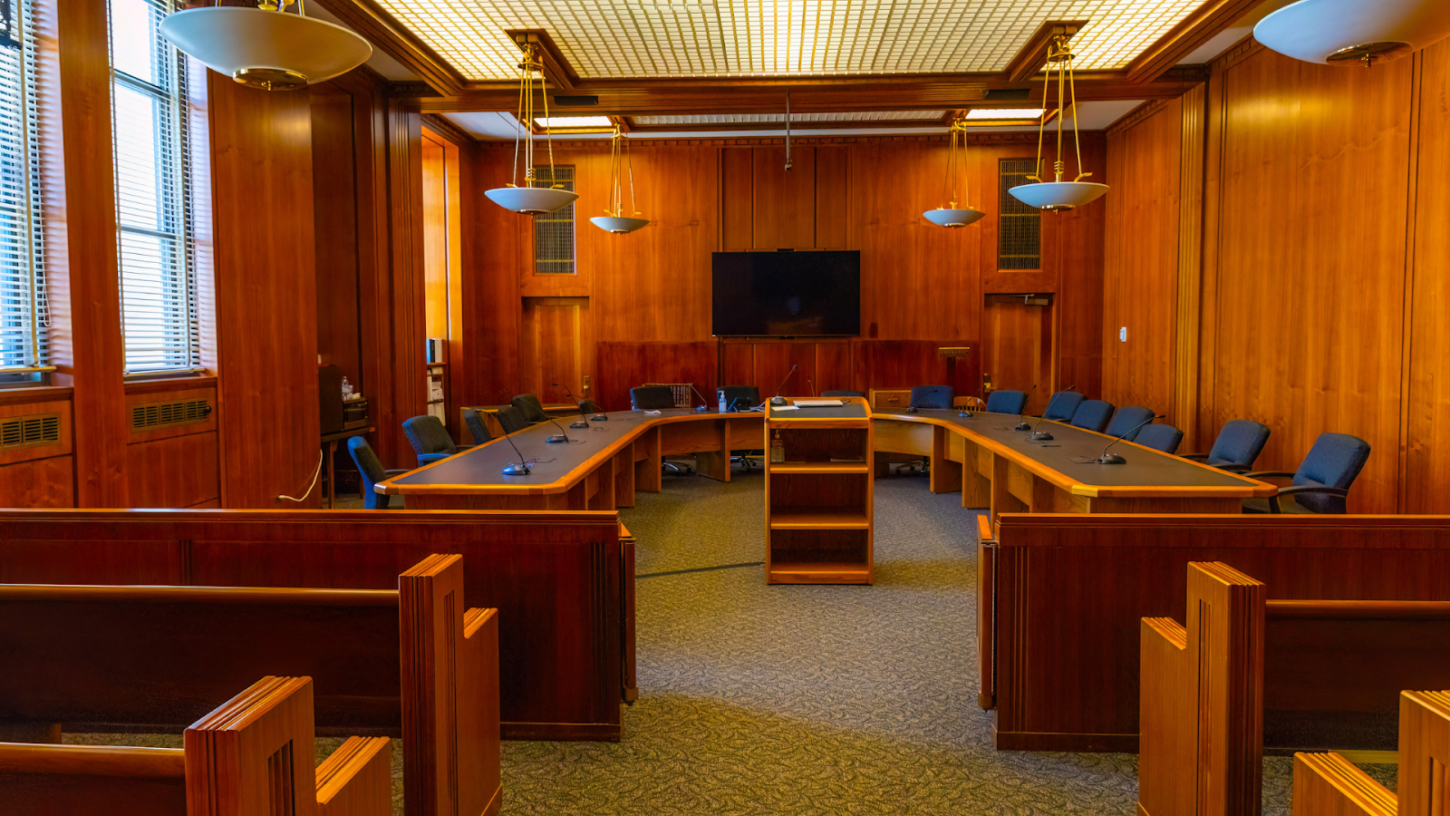 A formal hearing chamber set up for a property tax proceeding