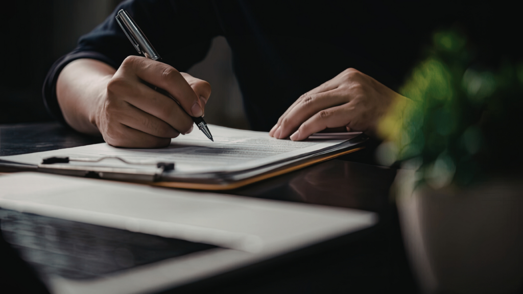 A person signing documents to report property tax fraud formally