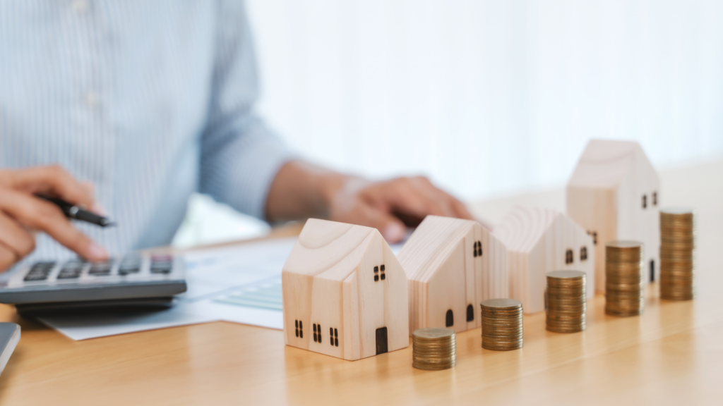 House models with stacked coins representing Texas property tax assessment and protest grounds